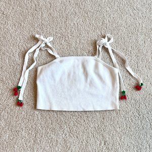 White Forever 21 Crop Top with Crochet Cherries